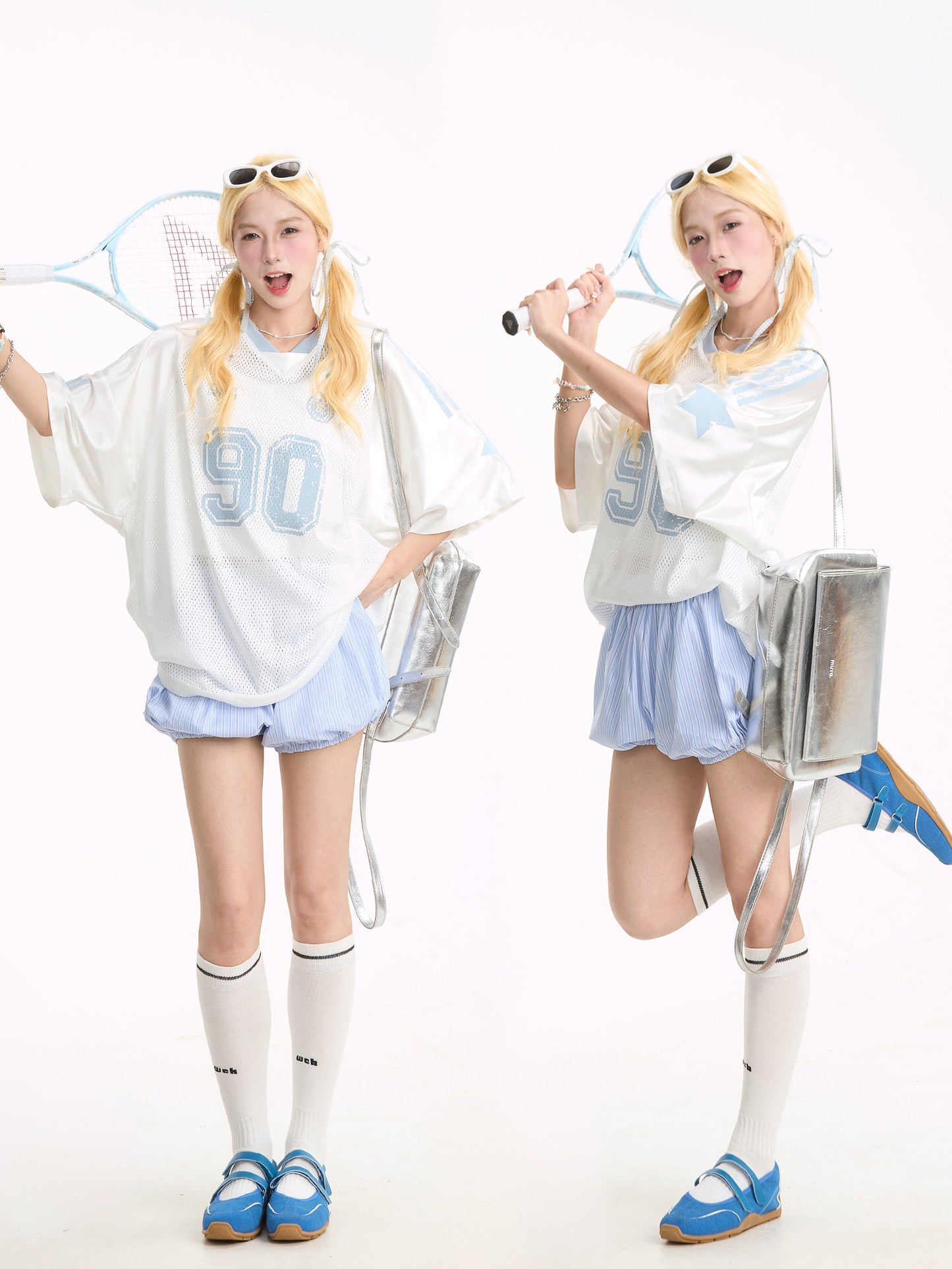 "90" Star Mesh Jersey | Amerikanischer Girly-Stil, Kurzarm, Oversize-T-Shirt