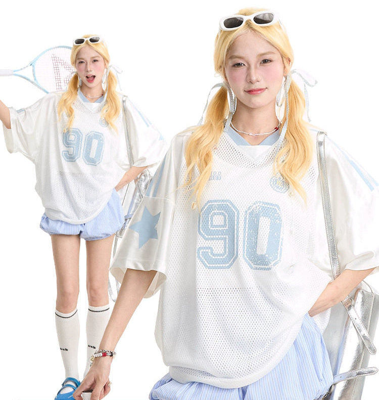 "90" Star Mesh Jersey | Amerikanischer Girly-Stil, Kurzarm, Oversize-T-Shirt