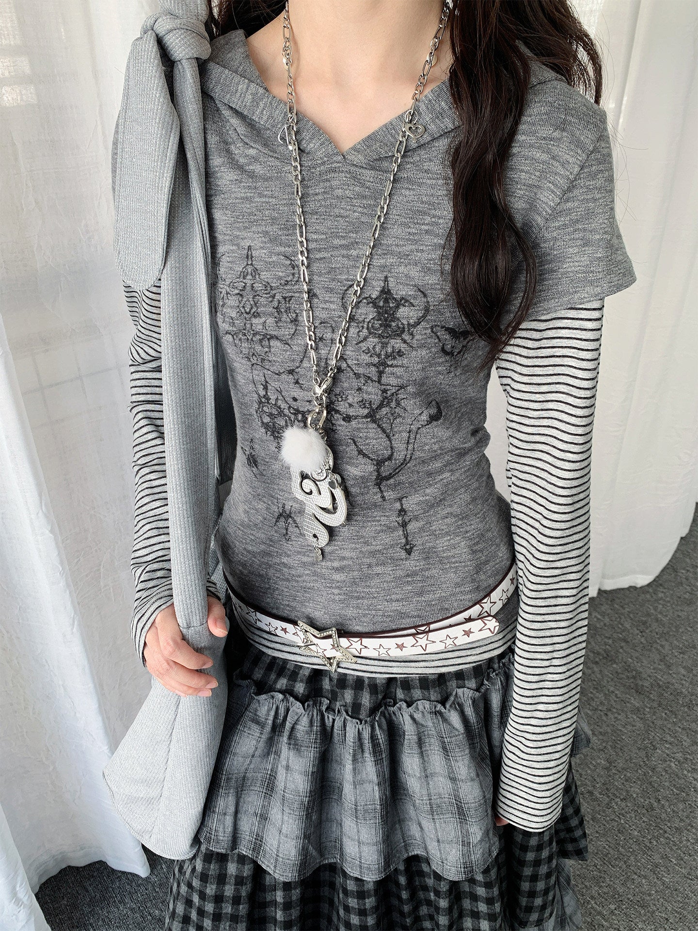 Striped Layered Hood Top — White and Grey