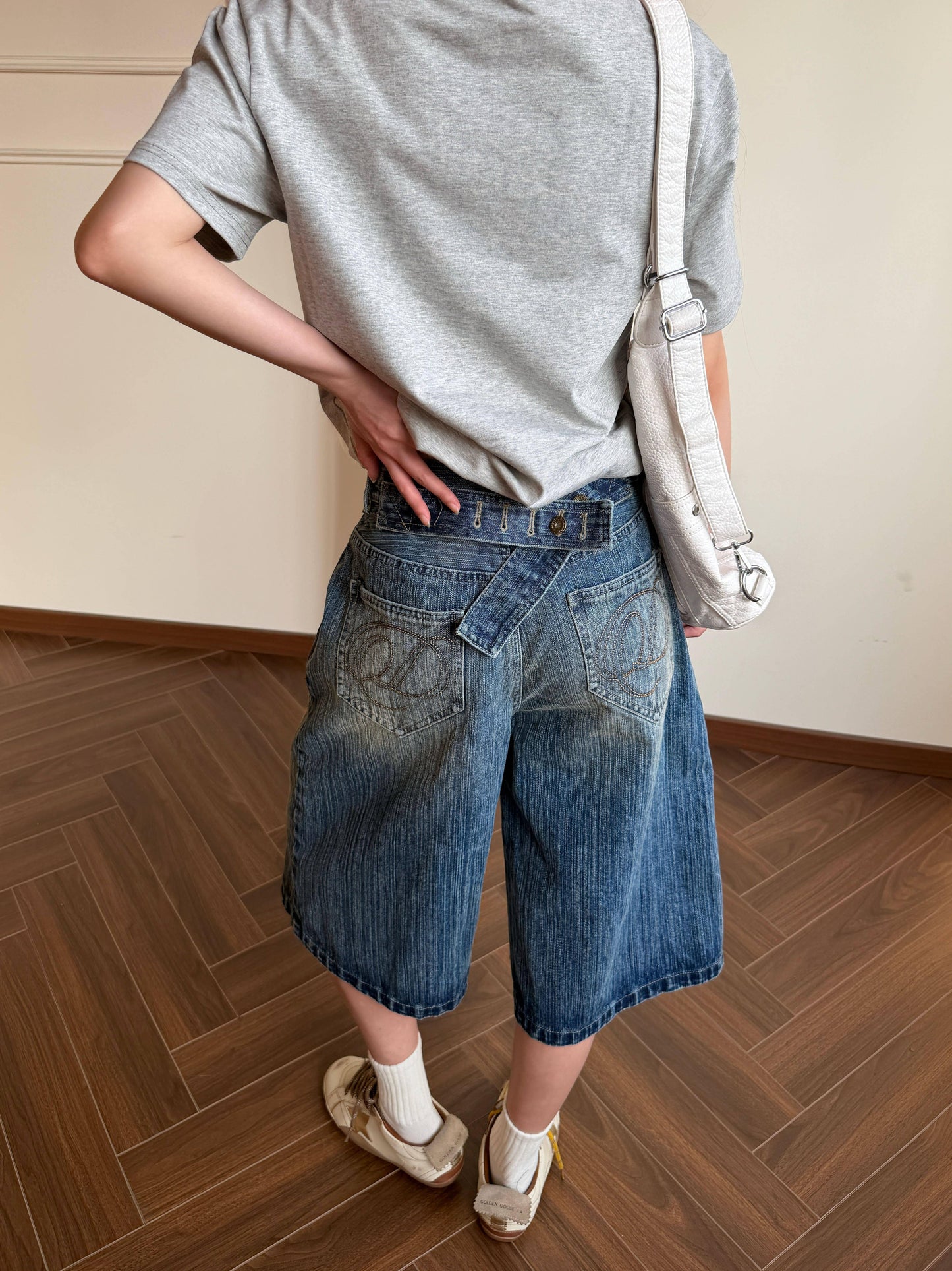 Washed Denim Crop Pants — Low Rise Y2K Wide