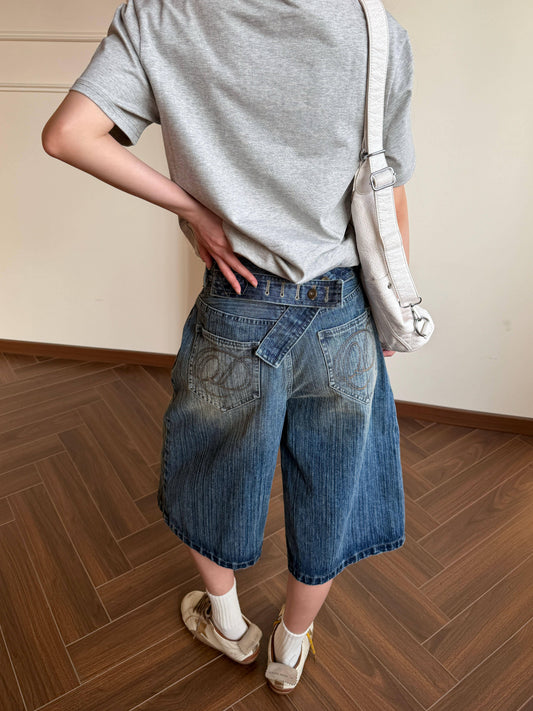 Washed Denim Crop Pants — Low Rise Y2K Wide