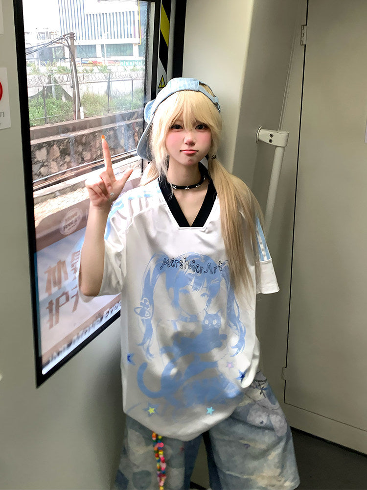 Anime Girl Jersey — Y2K Glossy V-Neck
