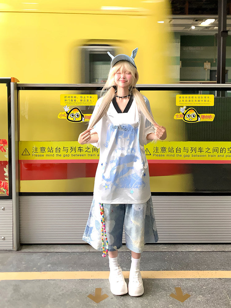 Anime Girl Jersey — Y2K Glossy V-Neck
