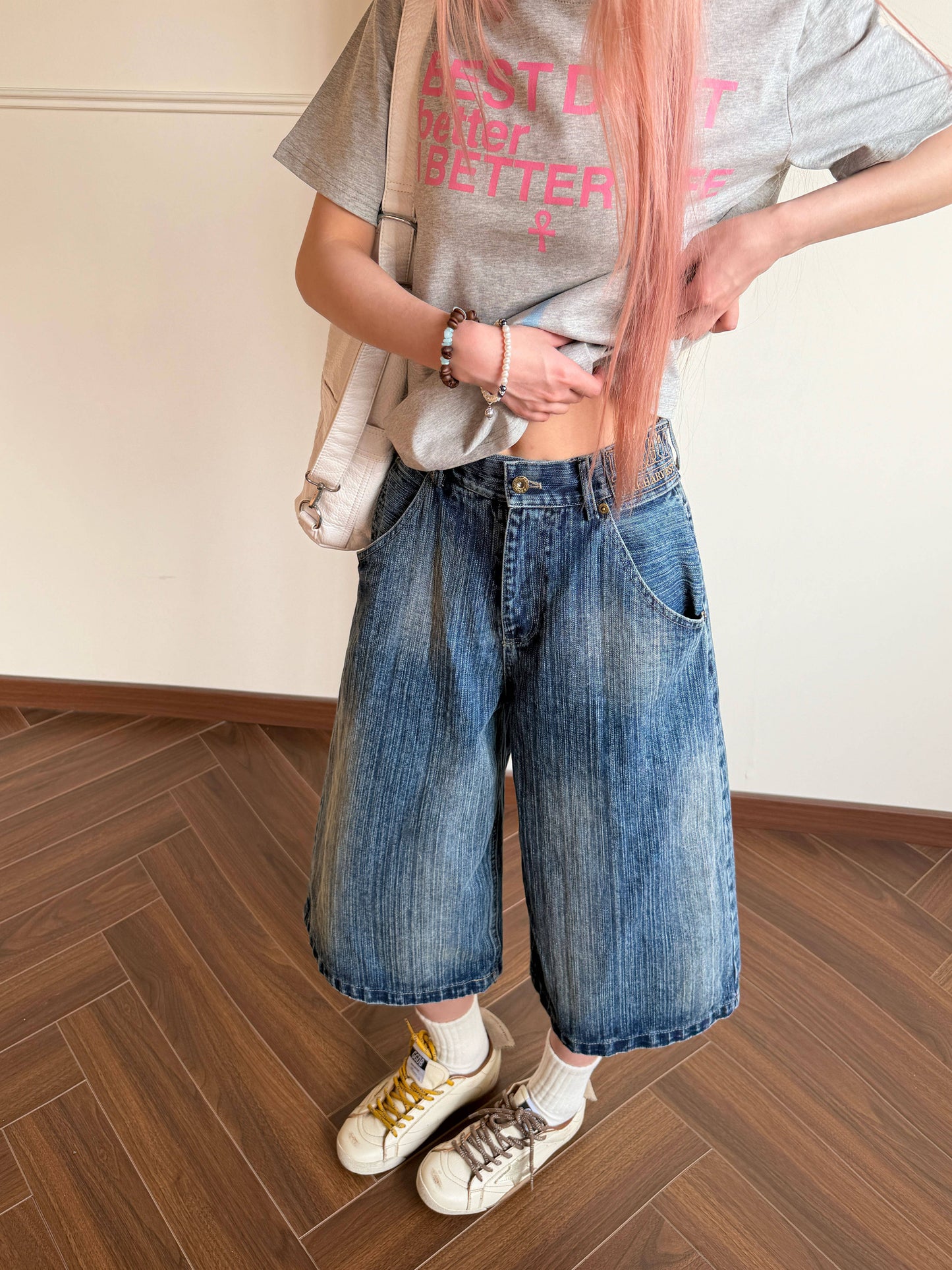 Washed Denim Crop Pants — Low Rise Y2K Wide
