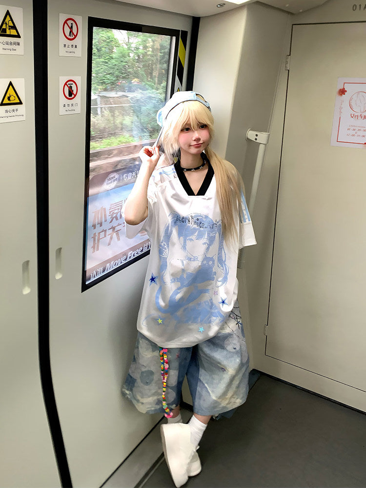 Anime Girl Jersey — Y2K Glossy V-Neck