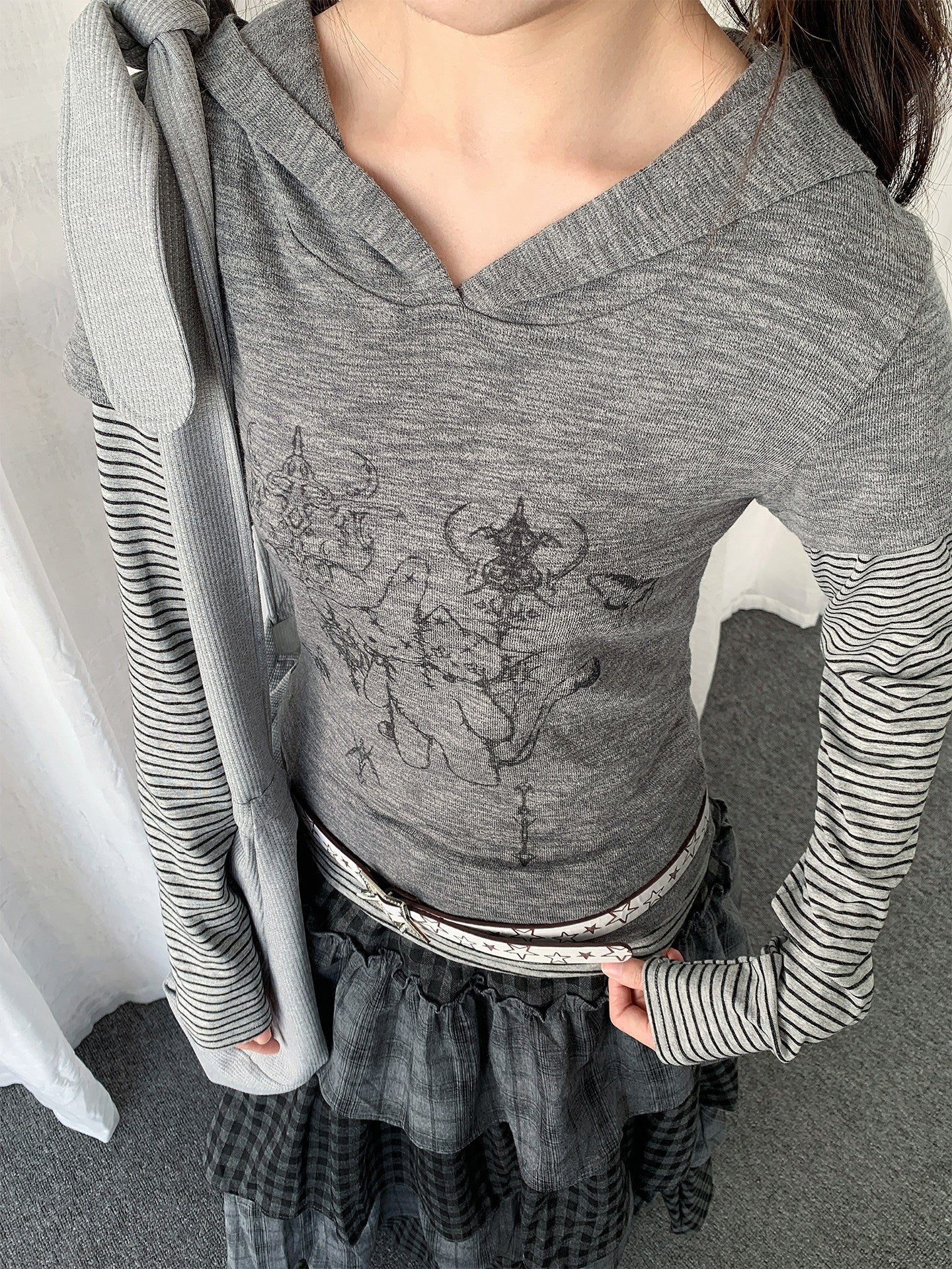 Striped Layered Hood Top — White and Grey