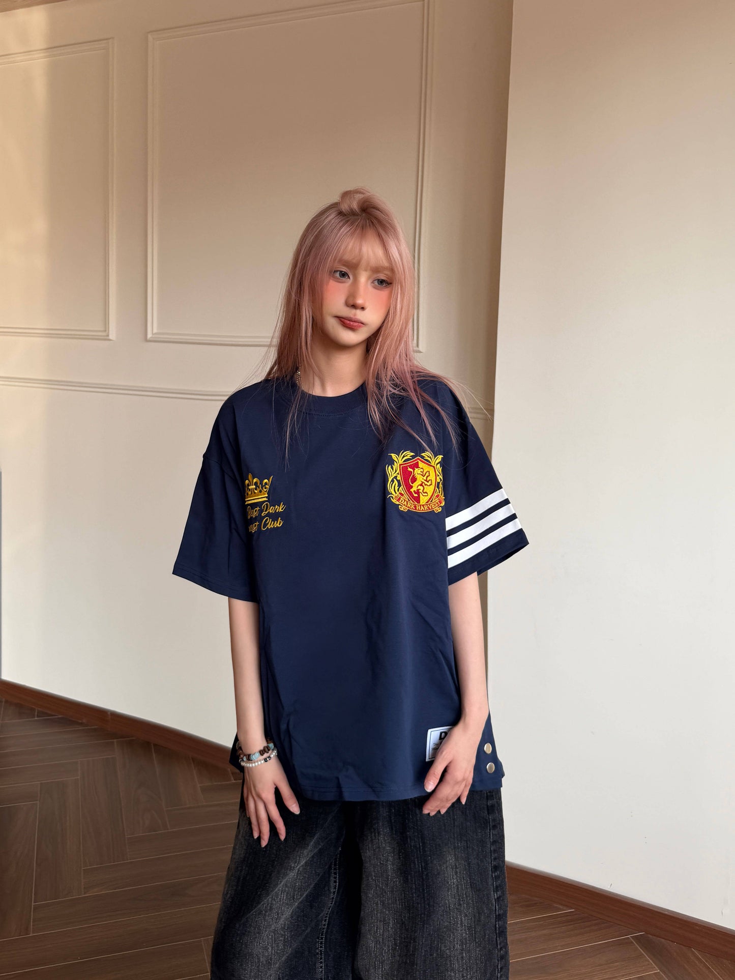 College Snap Button Tee — Stripe Sleeve Loose Fit