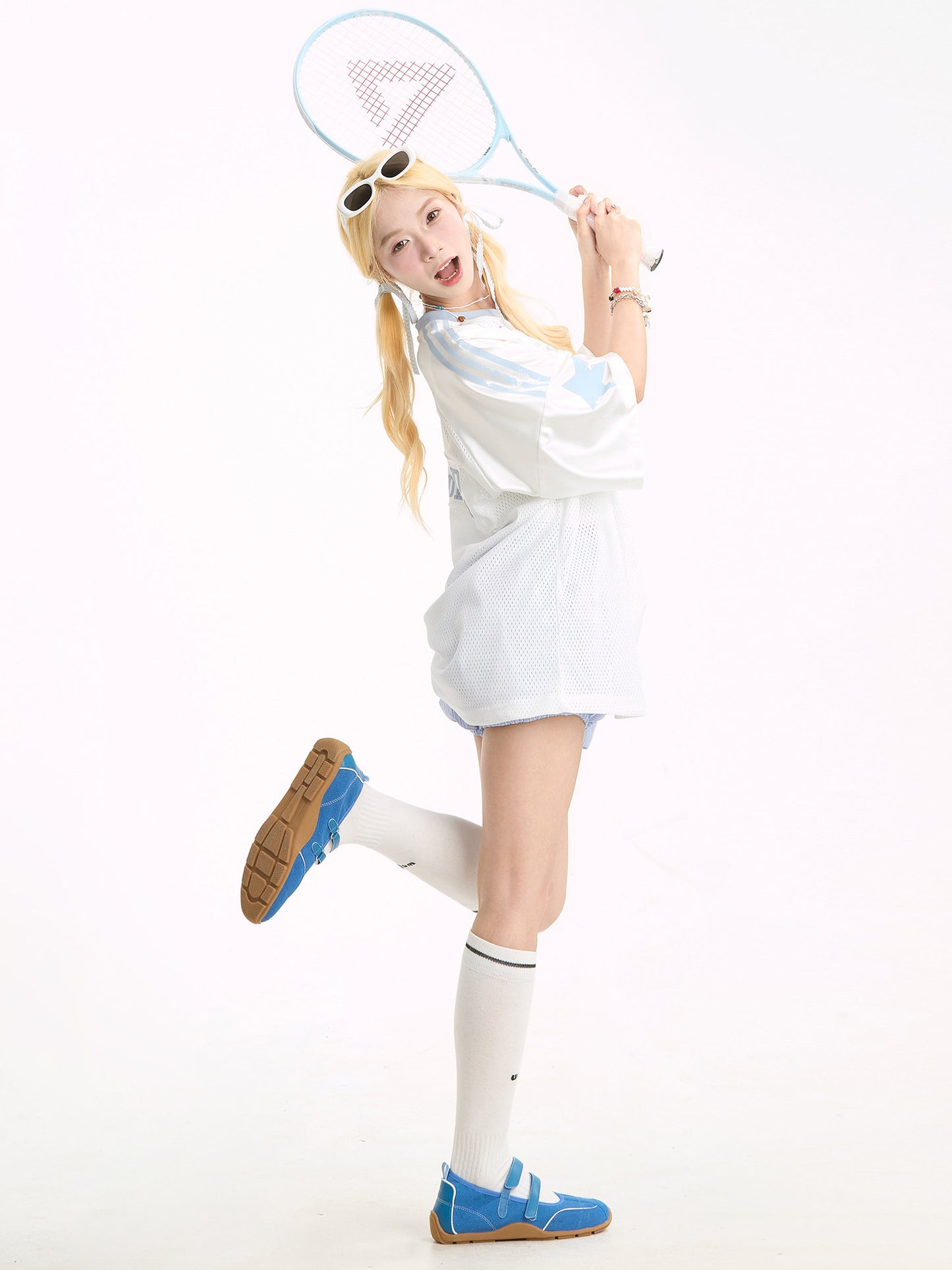 "90" Star Mesh Jersey | Amerikanischer Girly-Stil, Kurzarm, Oversize-T-Shirt
