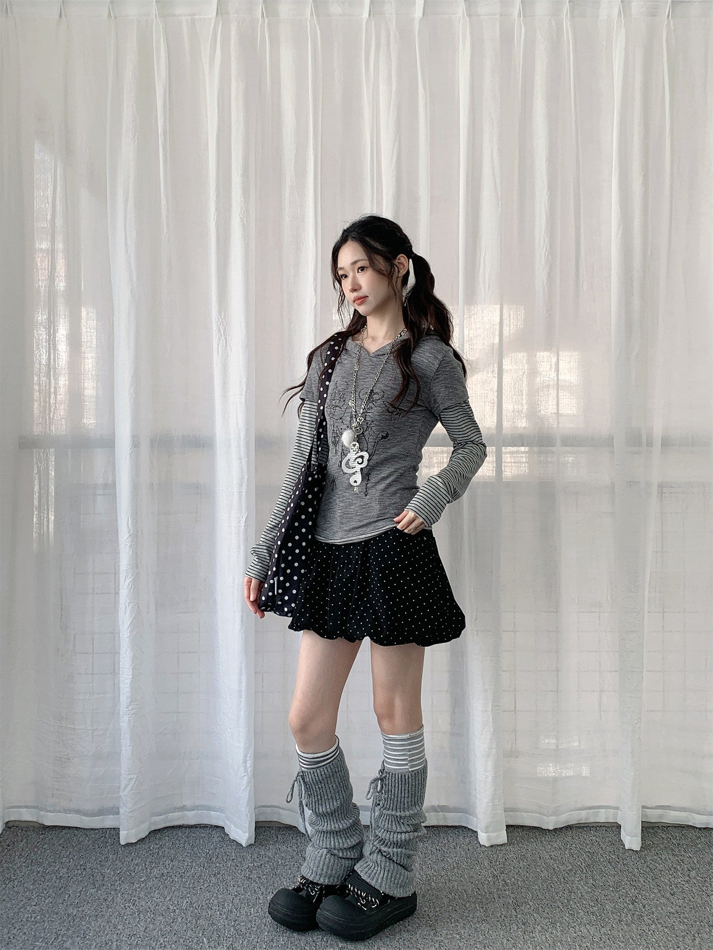 Striped Layered Hood Top — White and Grey