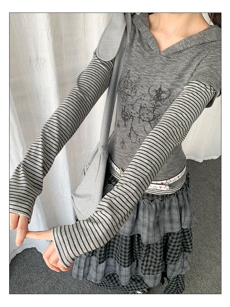 Striped Layered Hood Top — White and Grey