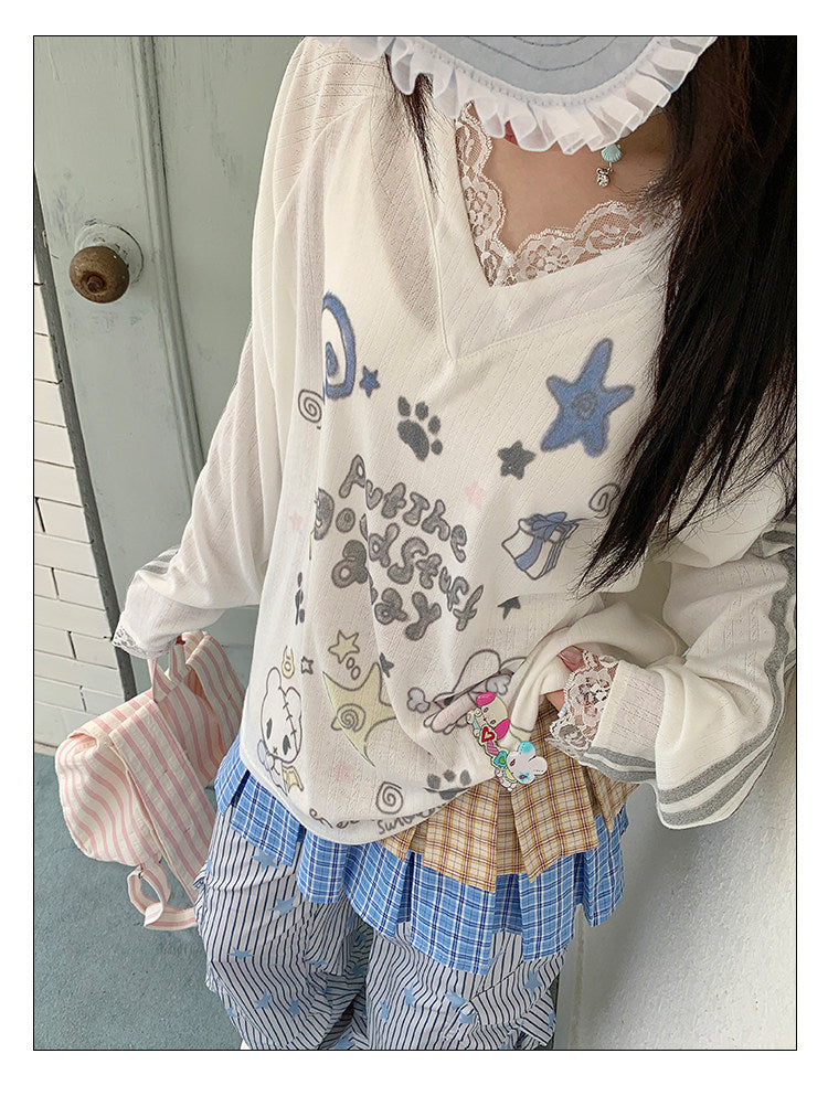 Sheer Lace V-Neck Top — White and Blue