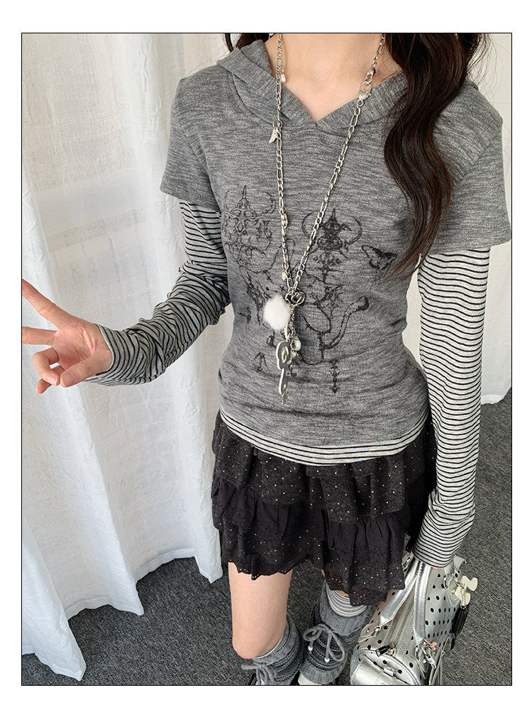 Striped Layered Hood Top — White and Grey