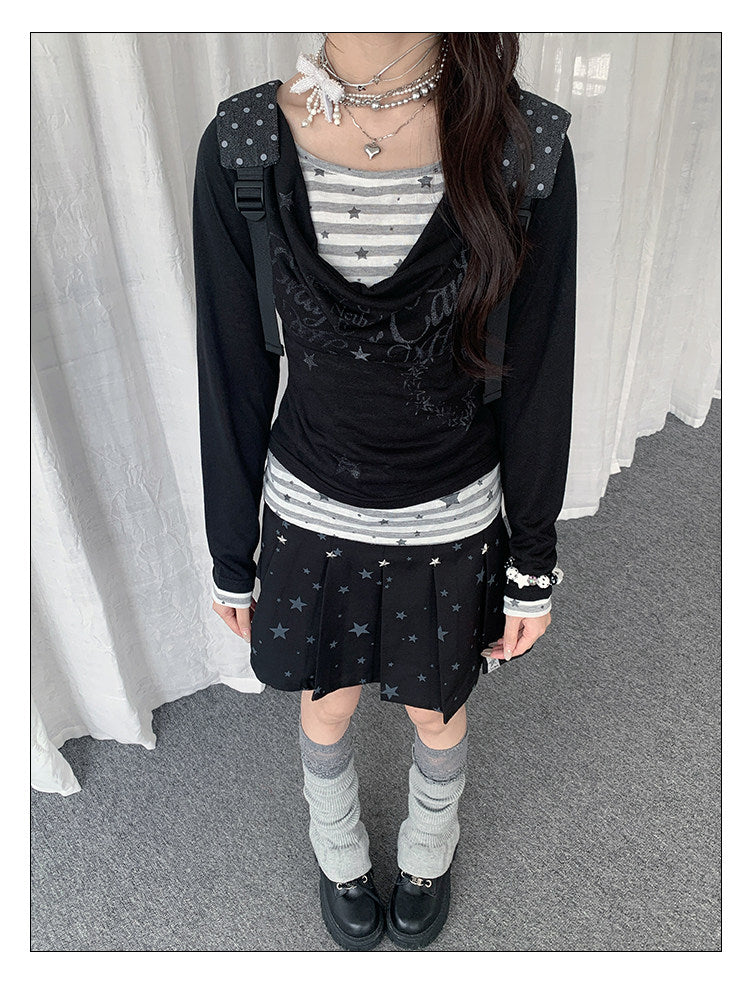 【rejio】Drape-Neck Fake-Layered Startop (Weiß / Schwarz)