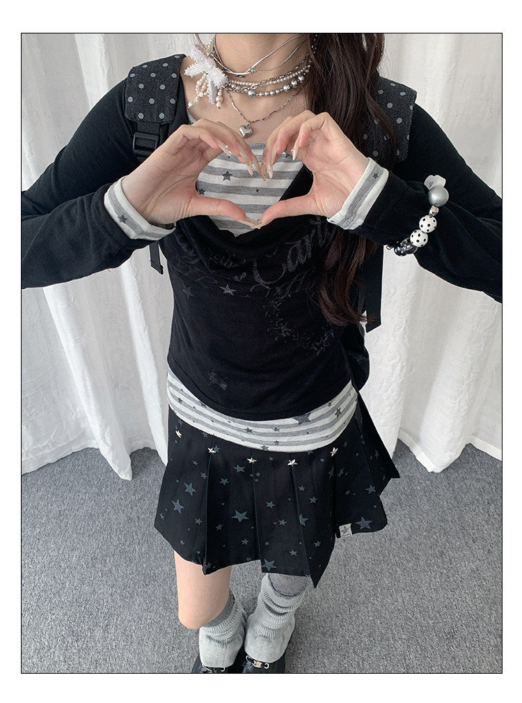 【rejio】Drape-Neck Fake-Layered Startop (Weiß / Schwarz)