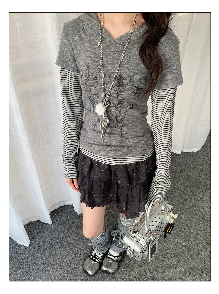 Striped Layered Hood Top — White and Grey