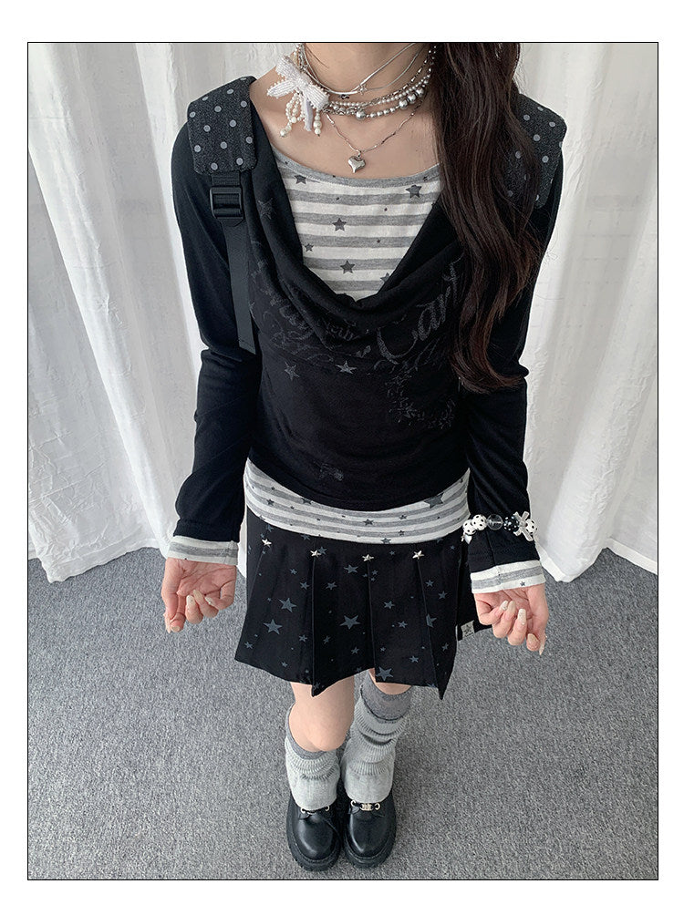 【rejio】Drape-Neck Fake-Layered Startop (Weiß / Schwarz)