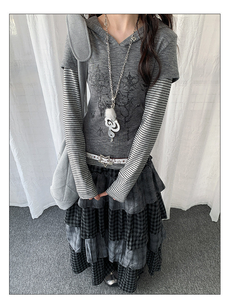 Striped Layered Hood Top — White and Grey