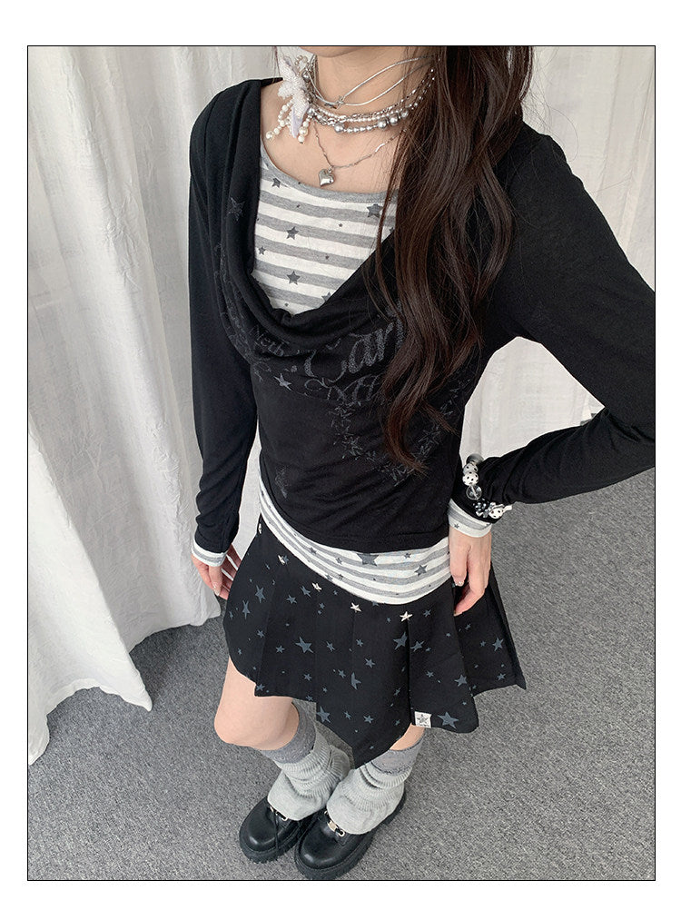 【rejio】Drape-Neck Fake-Layered Startop (Weiß / Schwarz)