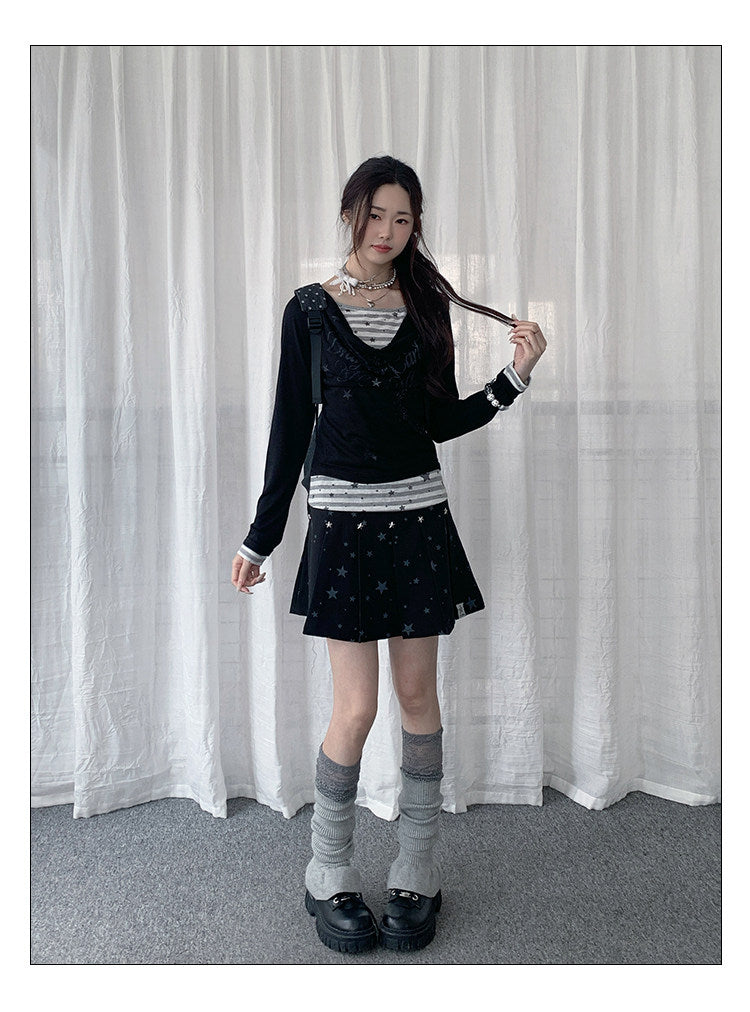 【rejio】Drape-Neck Fake-Layered Startop (Weiß / Schwarz)