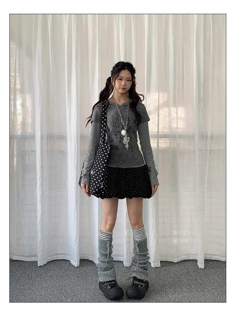 Striped Layered Hood Top — White and Grey