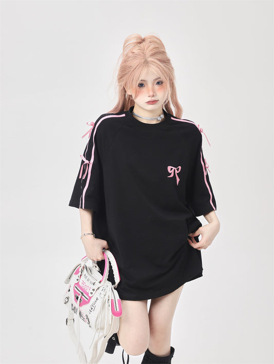 Ribbon Embroidery Side-Stripe Tee — Oversized