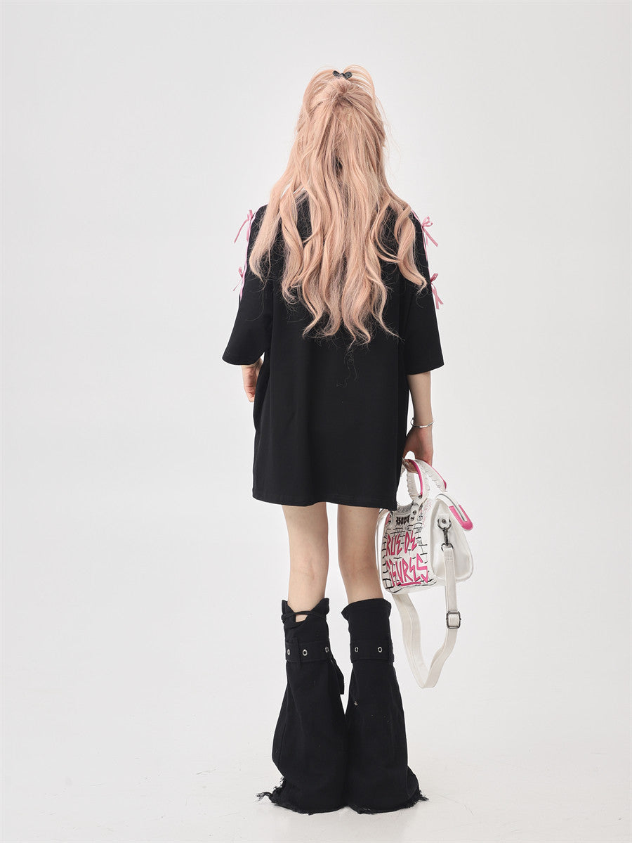 Ribbon Embroidery Side-Stripe Tee — Oversized