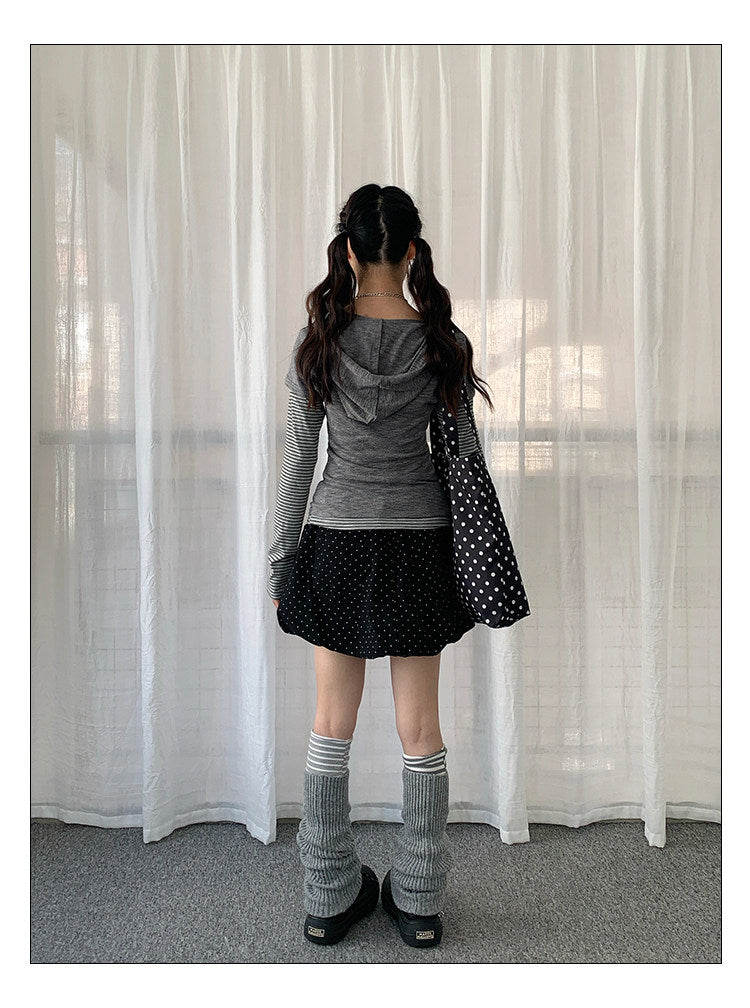Striped Layered Hood Top — White and Grey
