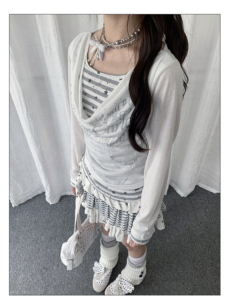 【rejio】Drape-Neck Fake-Layered Startop (Weiß / Schwarz)