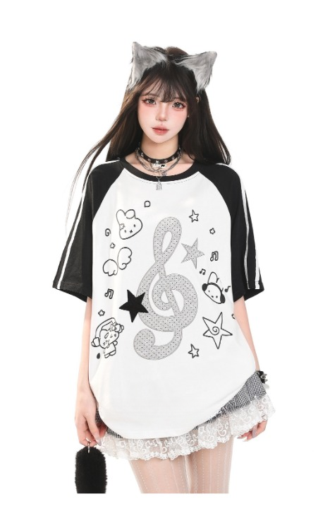 Music Note Star Raglan Tee — Oversized Short Sleeve