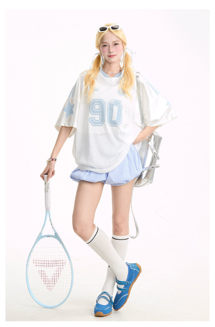 "90" Star Mesh Jersey | Amerikanischer Girly-Stil, Kurzarm, Oversize-T-Shirt