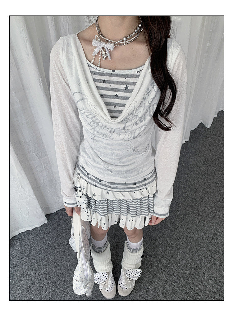 【rejio】Drape-Neck Fake-Layered Startop (Weiß / Schwarz)