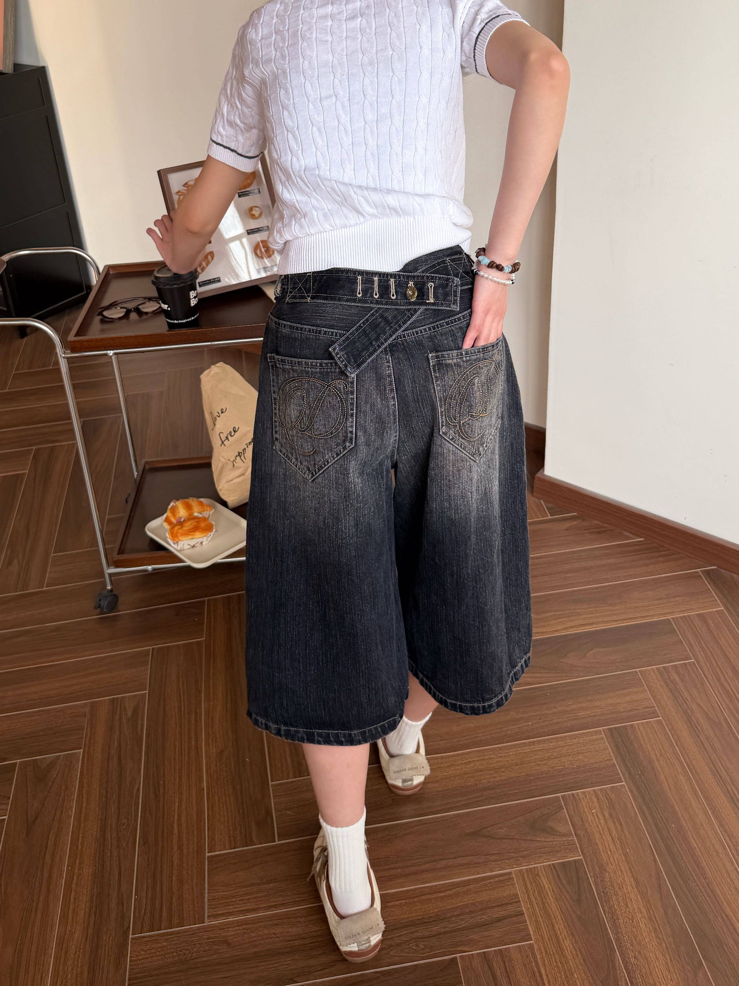 Washed Denim Crop Pants — Low Rise Y2K Wide