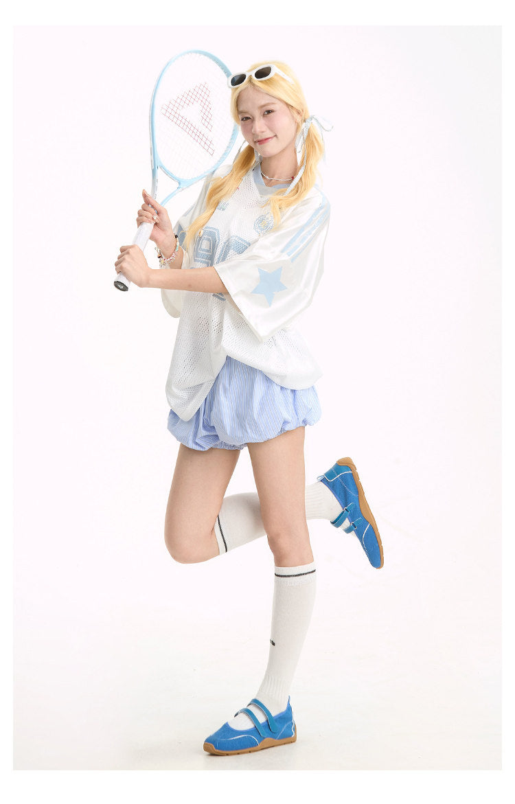 "90" Star Mesh Jersey | Amerikanischer Girly-Stil, Kurzarm, Oversize-T-Shirt
