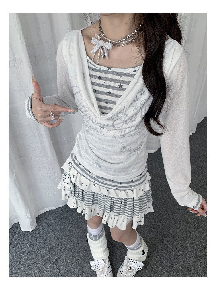 【rejio】Drape-Neck Fake-Layered Startop (Weiß / Schwarz)