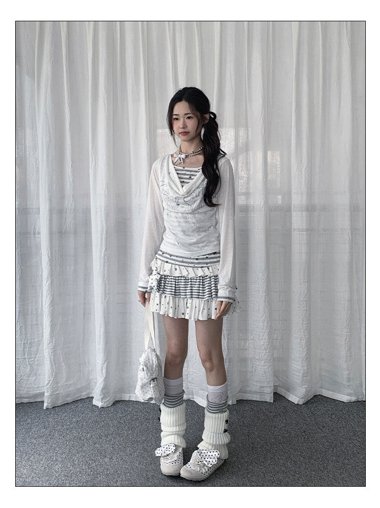 【rejio】Drape-Neck Fake-Layered Startop (Weiß / Schwarz)