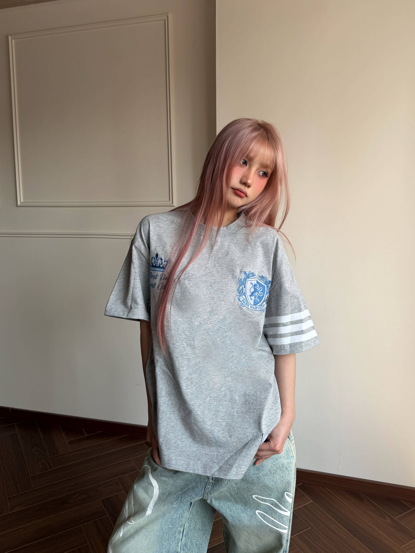 College Snap Button Tee — Stripe Sleeve Loose Fit