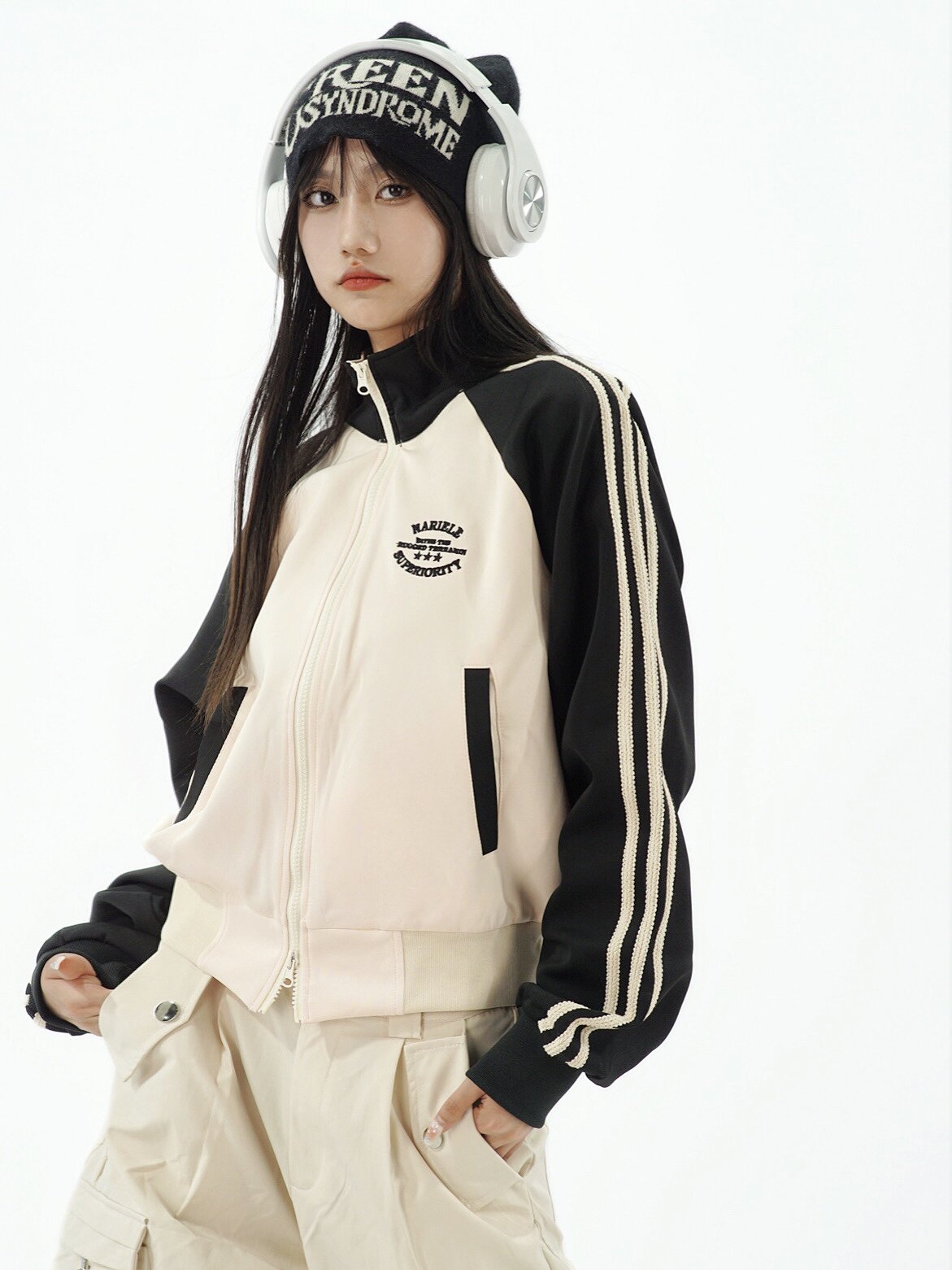 Colorblock Track Jacket — Navy and Apricot