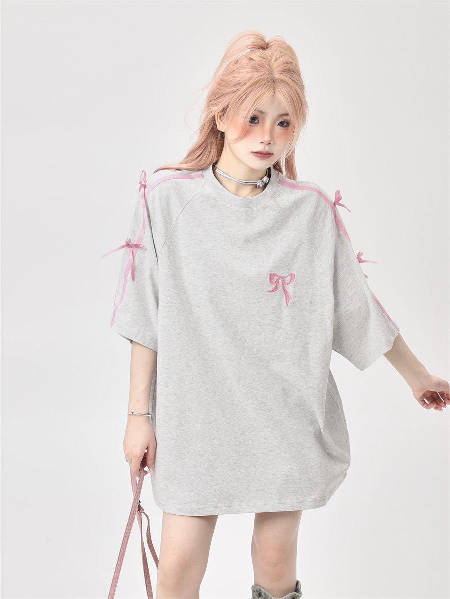 Ribbon Embroidery Side-Stripe Tee — Oversized