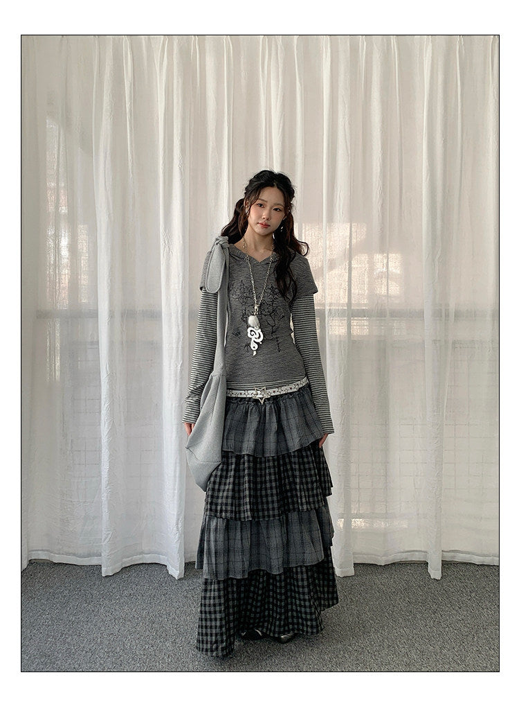 Striped Layered Hood Top — White and Grey