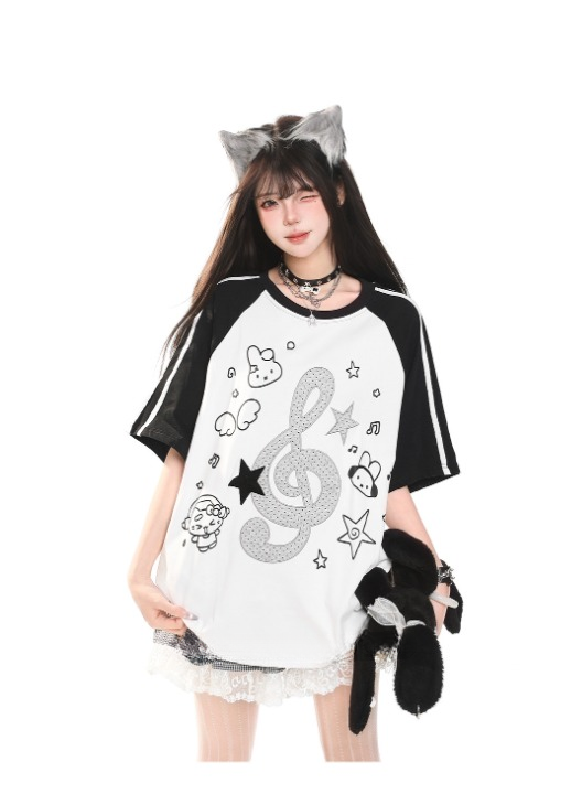 Music Note Star Raglan Tee — Oversized Short Sleeve