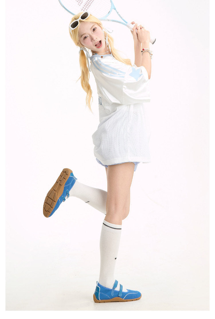"90" Star Mesh Jersey | Amerikanischer Girly-Stil, Kurzarm, Oversize-T-Shirt