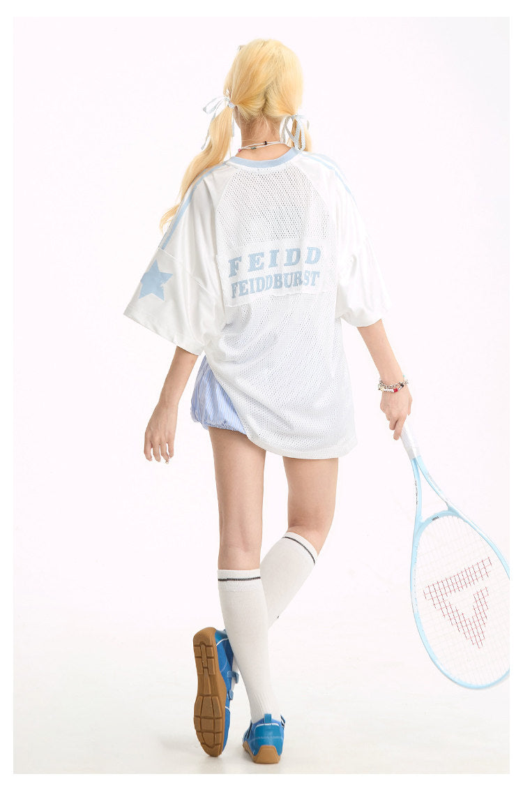 "90" Star Mesh Jersey | Amerikanischer Girly-Stil, Kurzarm, Oversize-T-Shirt