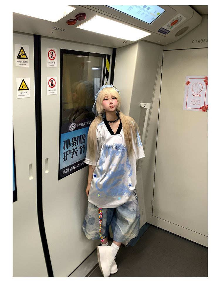 Anime Girl Jersey — Y2K Glossy V-Neck