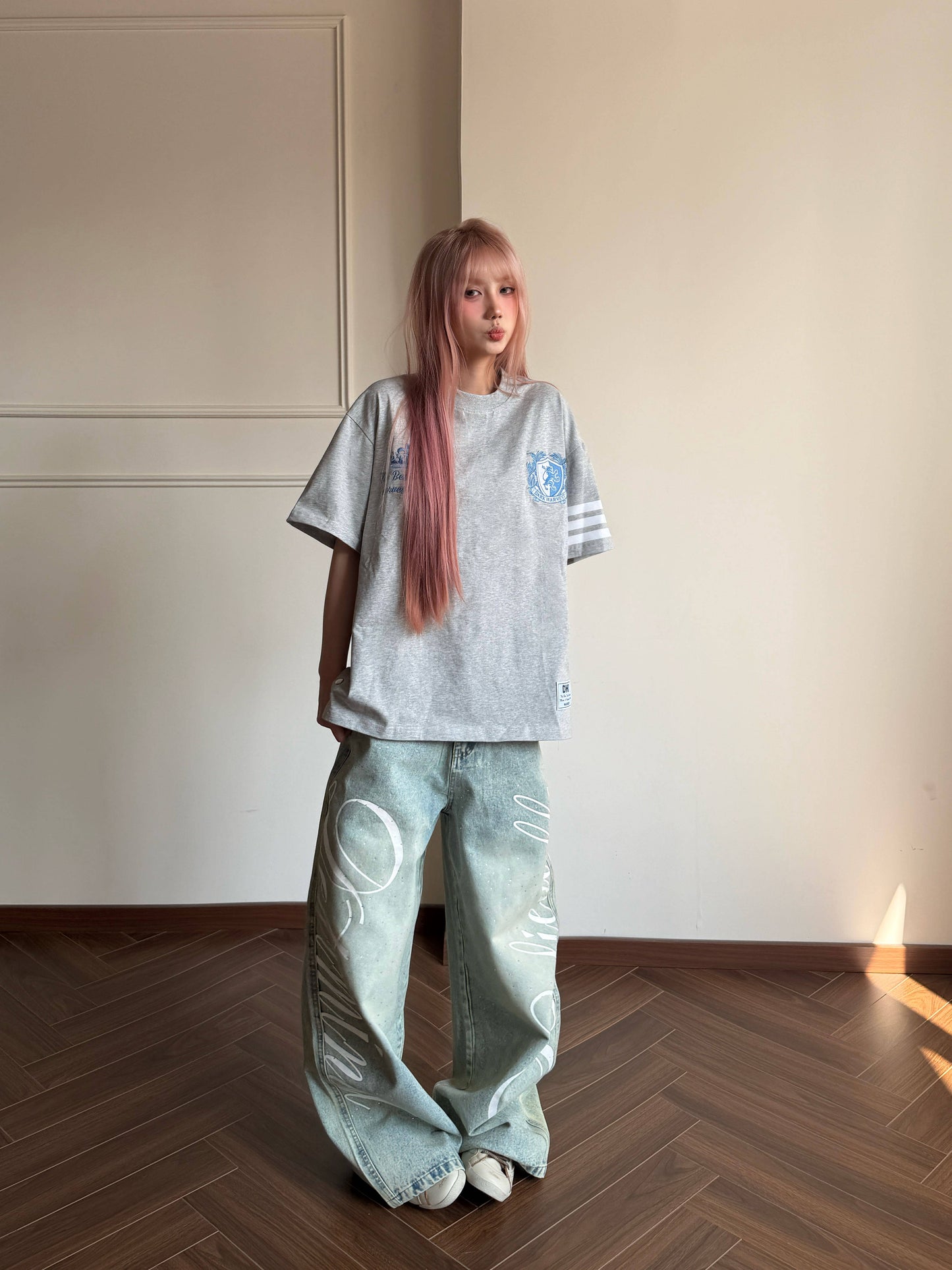 College Snap Button Tee — Stripe Sleeve Loose Fit