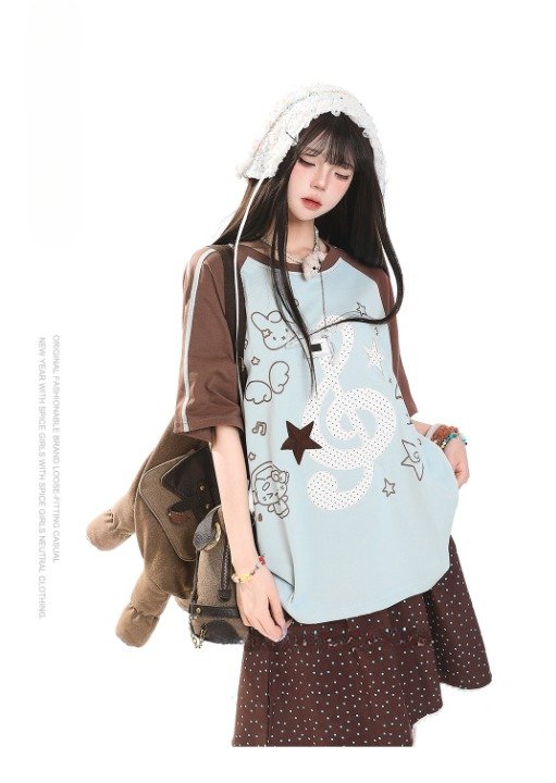 Music Note Star Raglan Tee — Oversized Short Sleeve