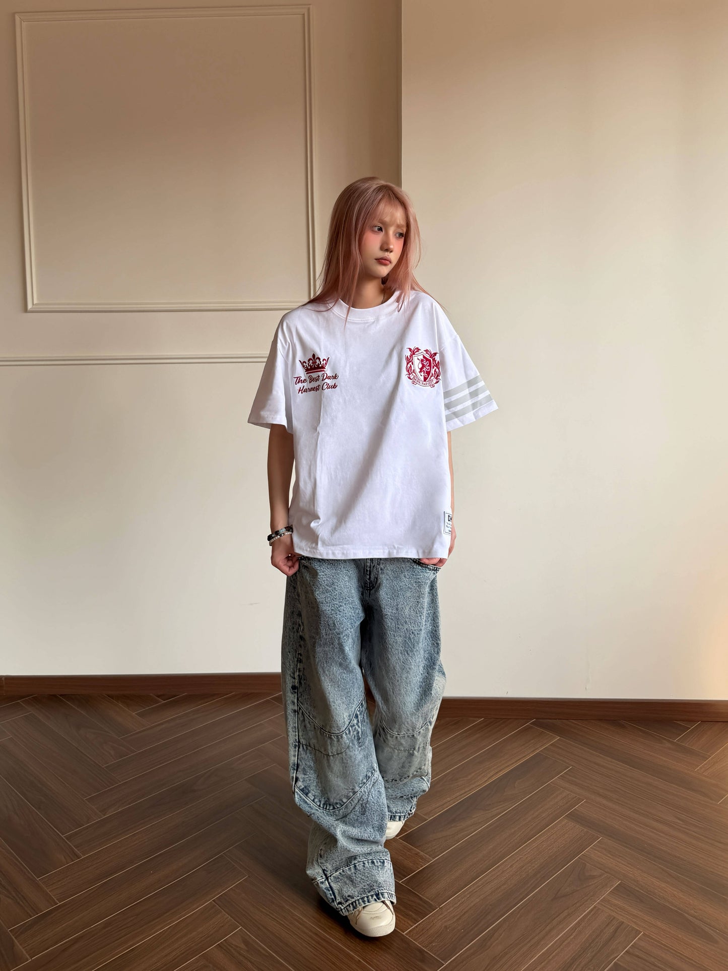 College Snap Button Tee — Stripe Sleeve Loose Fit
