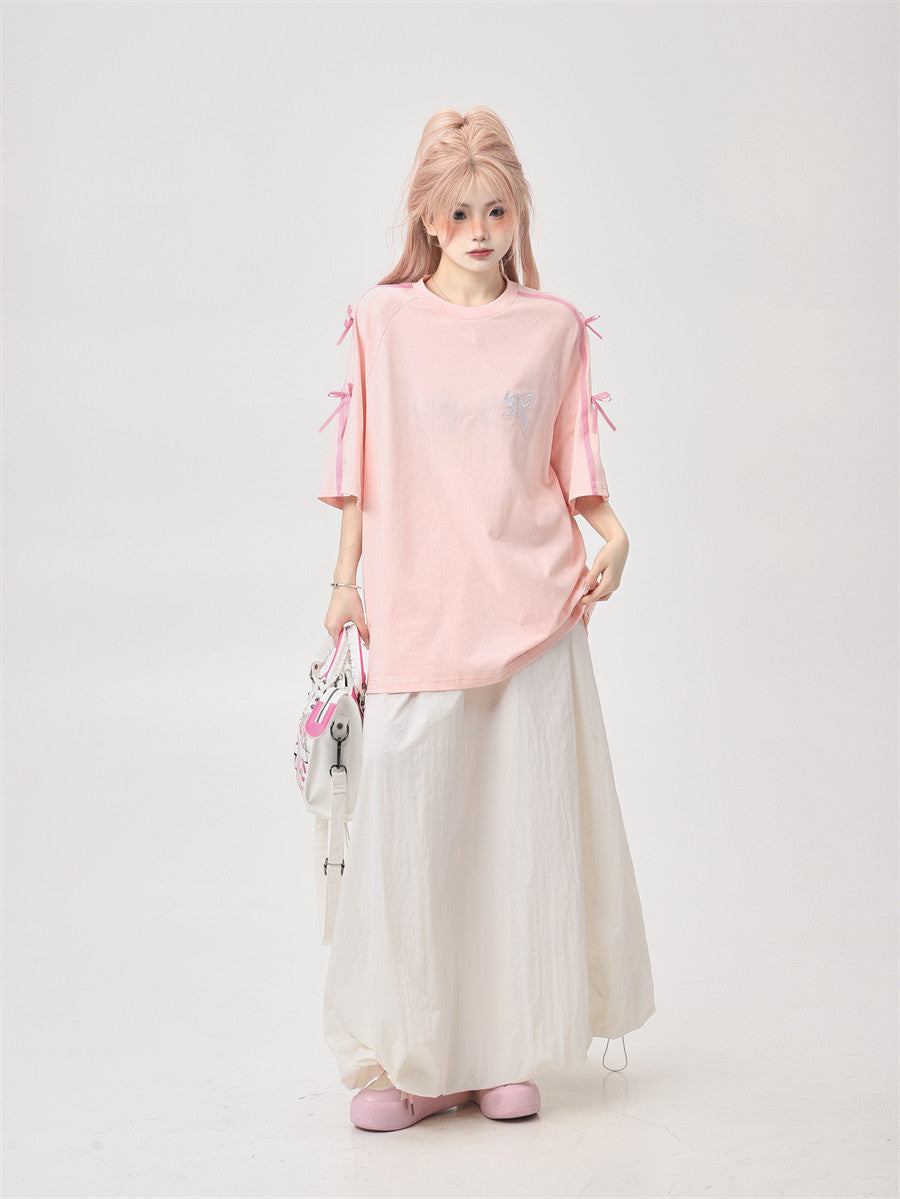 Ribbon Embroidery Side-Stripe Tee — Oversized