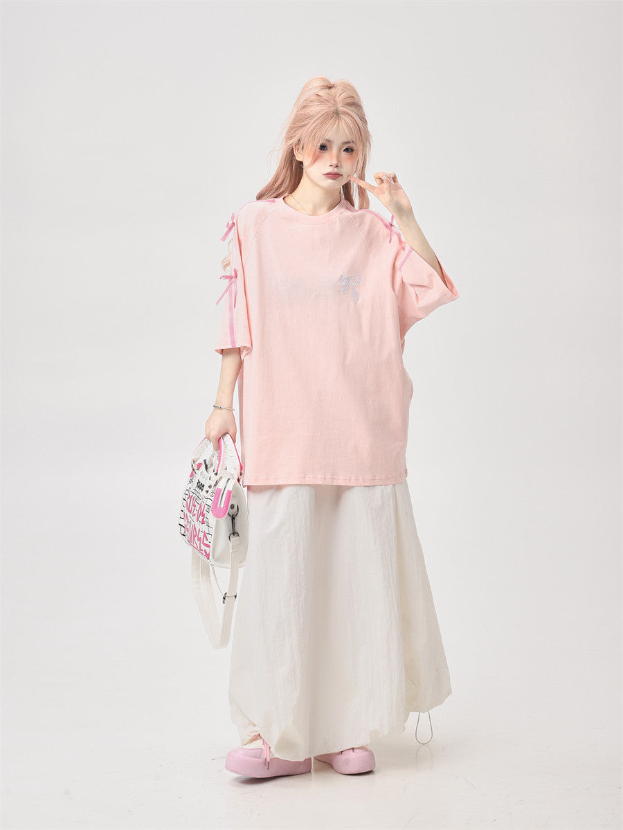 Ribbon Embroidery Side-Stripe Tee — Oversized