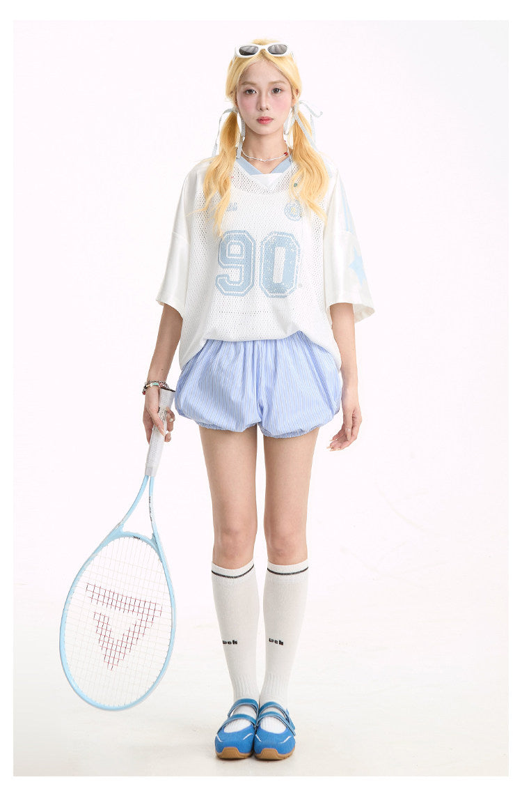 "90" Star Mesh Jersey | Amerikanischer Girly-Stil, Kurzarm, Oversize-T-Shirt