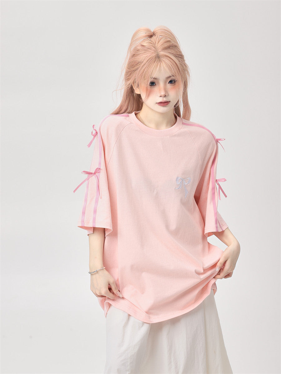 Ribbon Embroidery Side-Stripe Tee — Oversized
